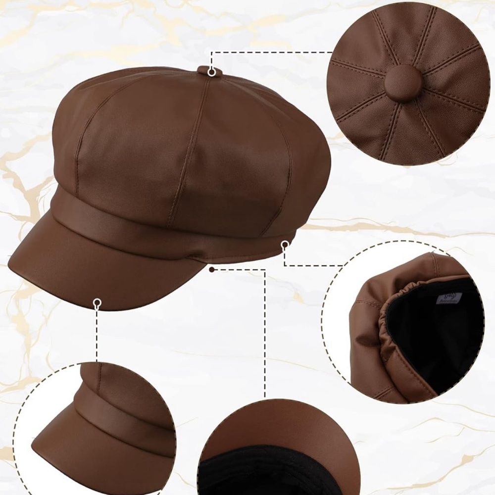 Brown Newsboy Hats PU Leather Visor Beret Cabbie Hat 8 Panel Cap Faux… - Picture 2 of 2